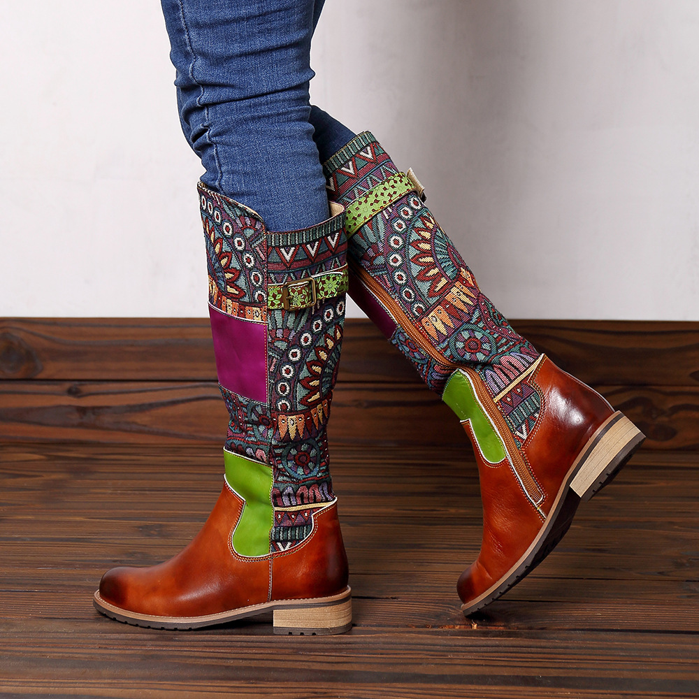 Vintage Knee High Boots Women Shoes Bohemian Retro Genuine Leather Lady ...