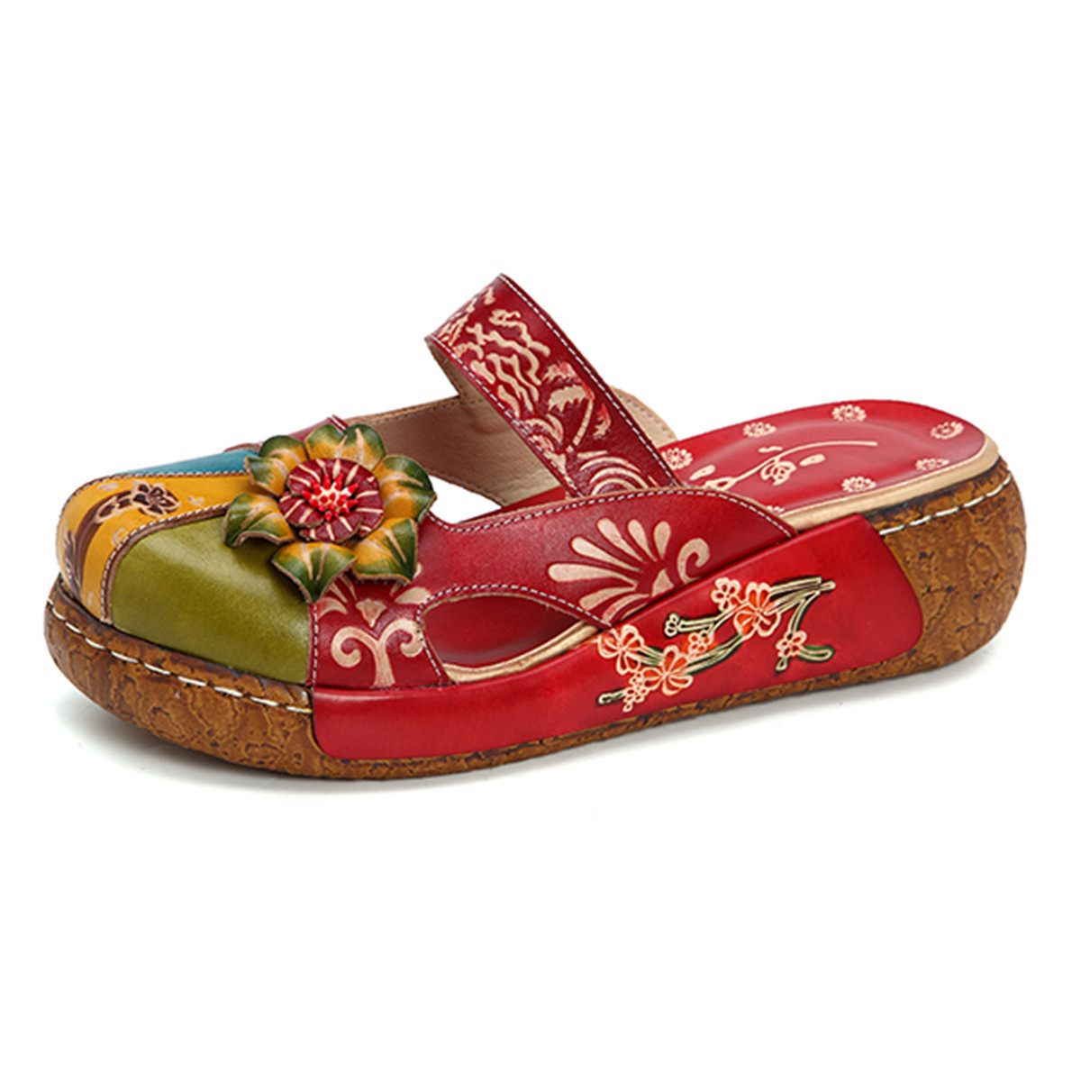 Women Vintage Colorful Leather Hollow Out Shoes Backless Flower Sandals ...